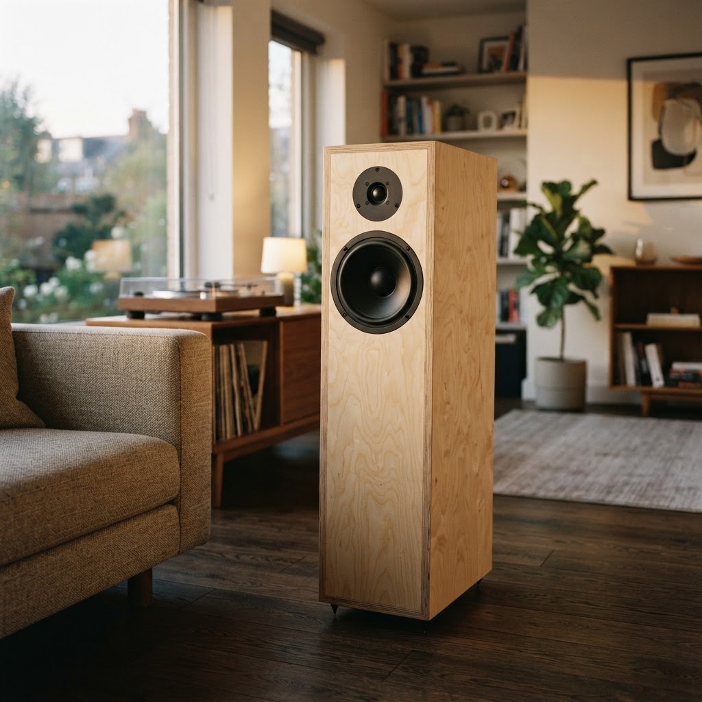 Custom birch plywood tower speaker enclosure in a modern living room