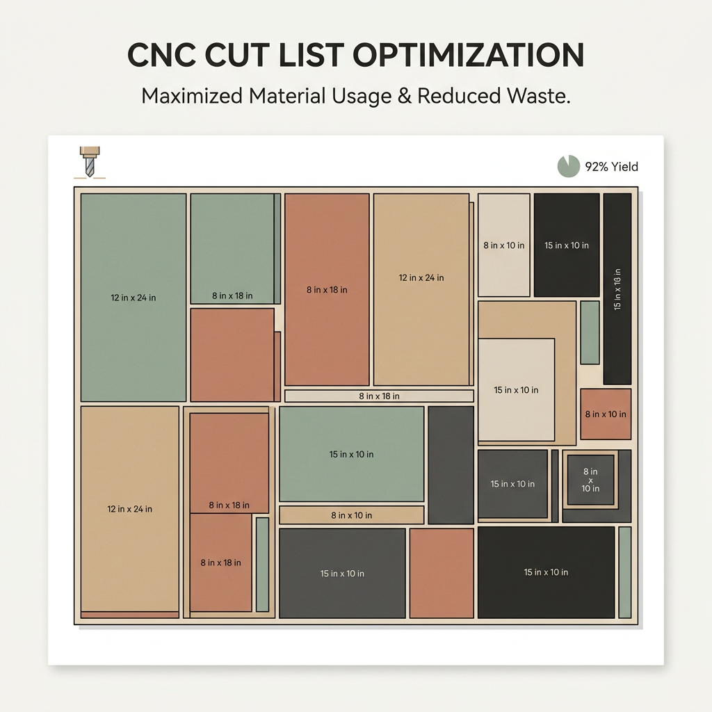 CNC cut optimization visual layout with color-coded parts