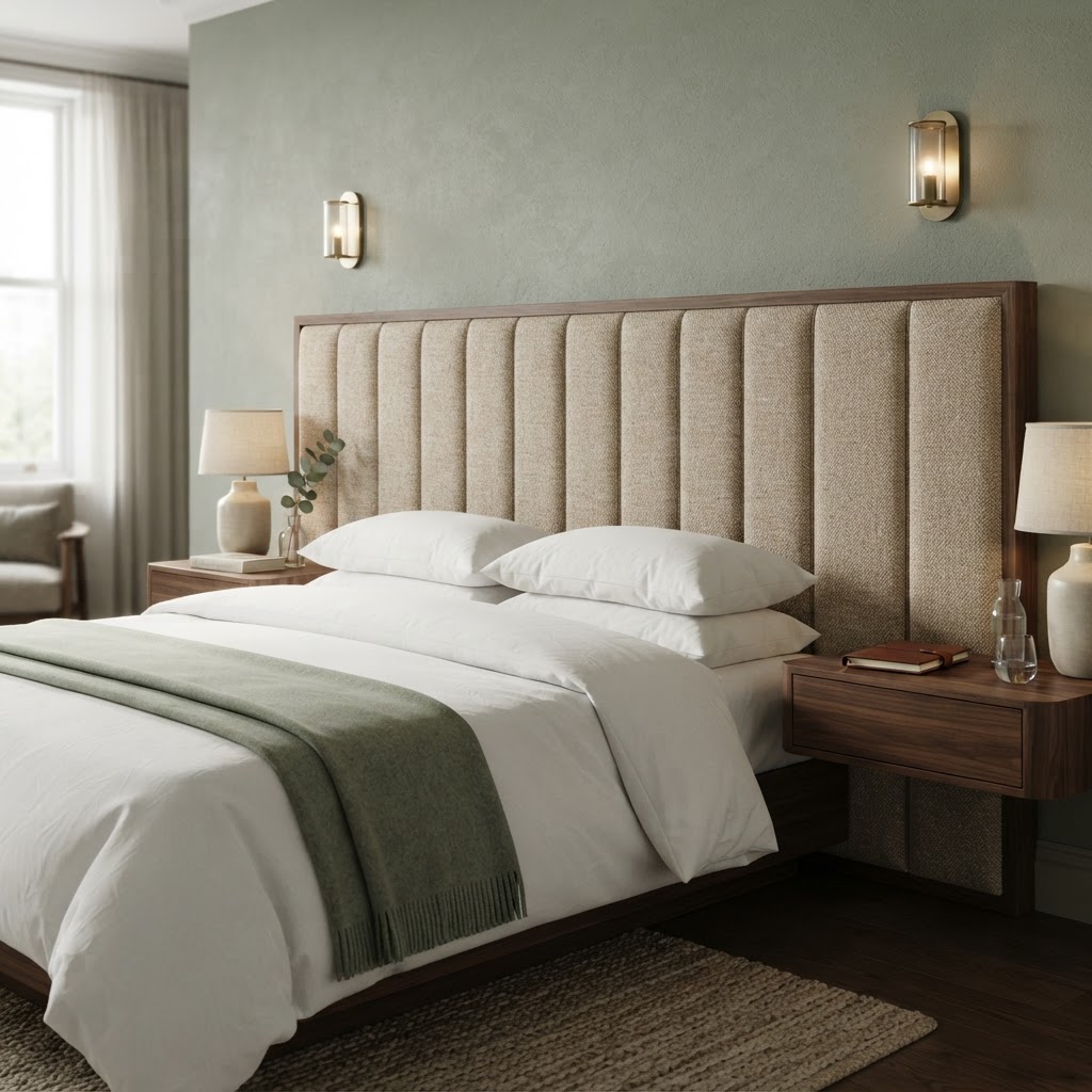 Design concept of a channel-upholstered hotel headboard with walnut framing