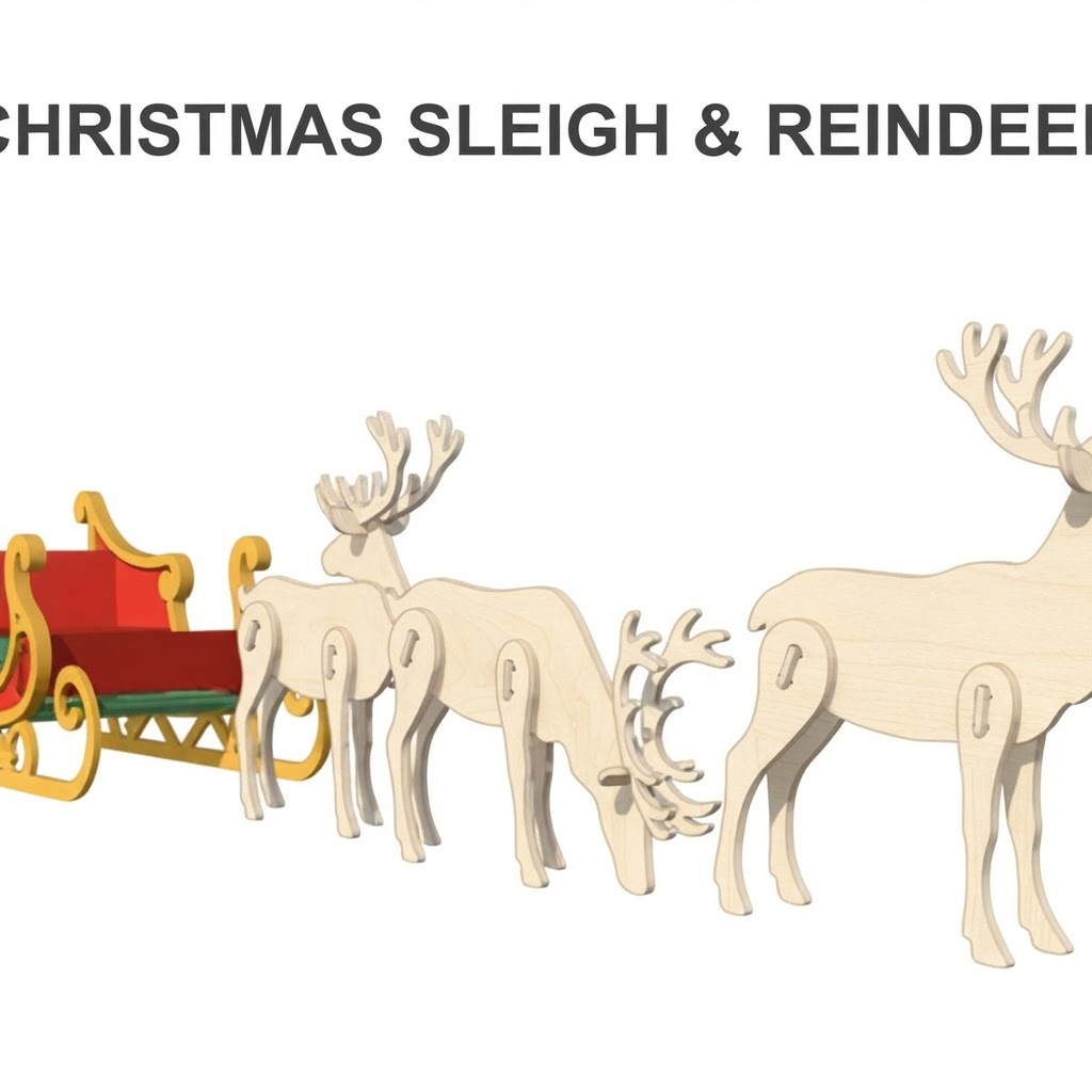 Christmas Sleigh & Reindeer Set — Unpainted Birch Plywood — reference photo 1