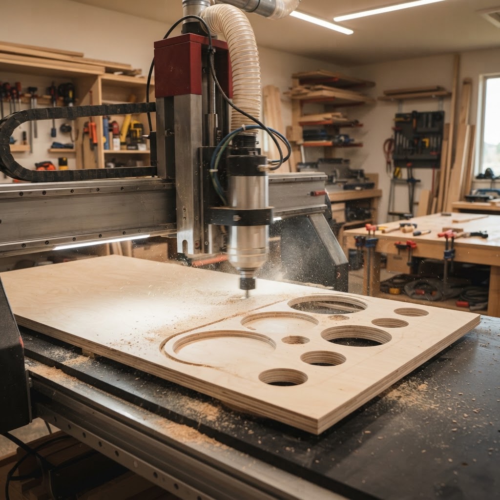 CNC router cutting speaker driver holes in birch plywood