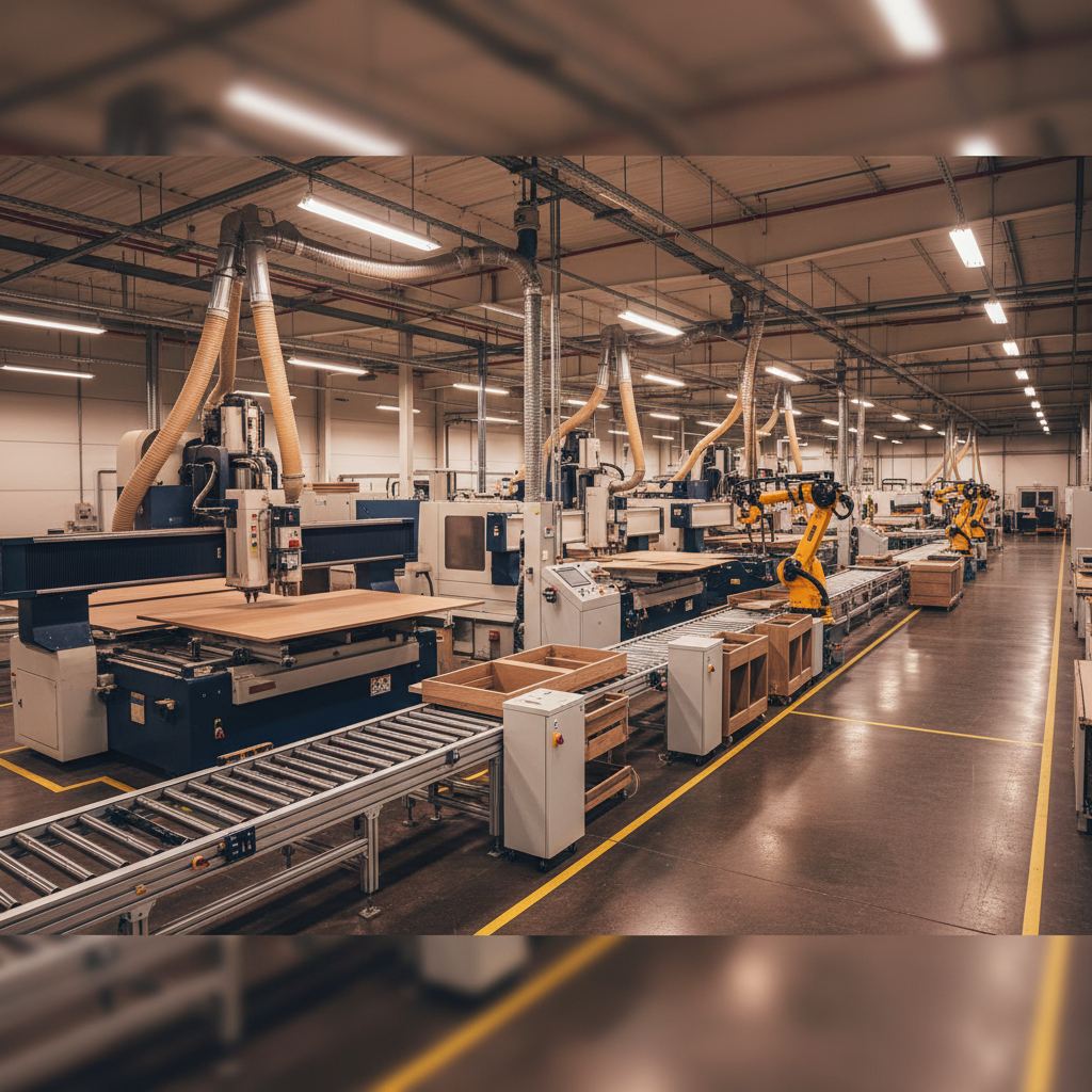 Industrial CNC router cutting wood panels on automated production line