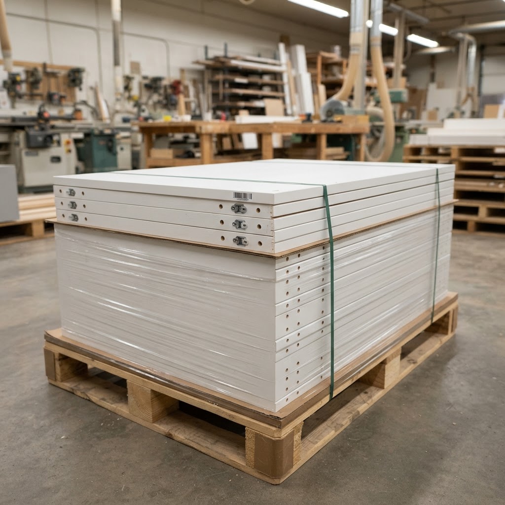 Organized flat packed components prepared for transport