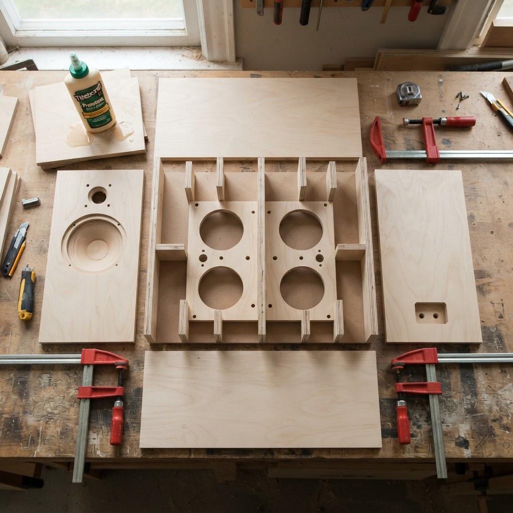 Birch speaker cabinet panels and internal ribs ready for assembly