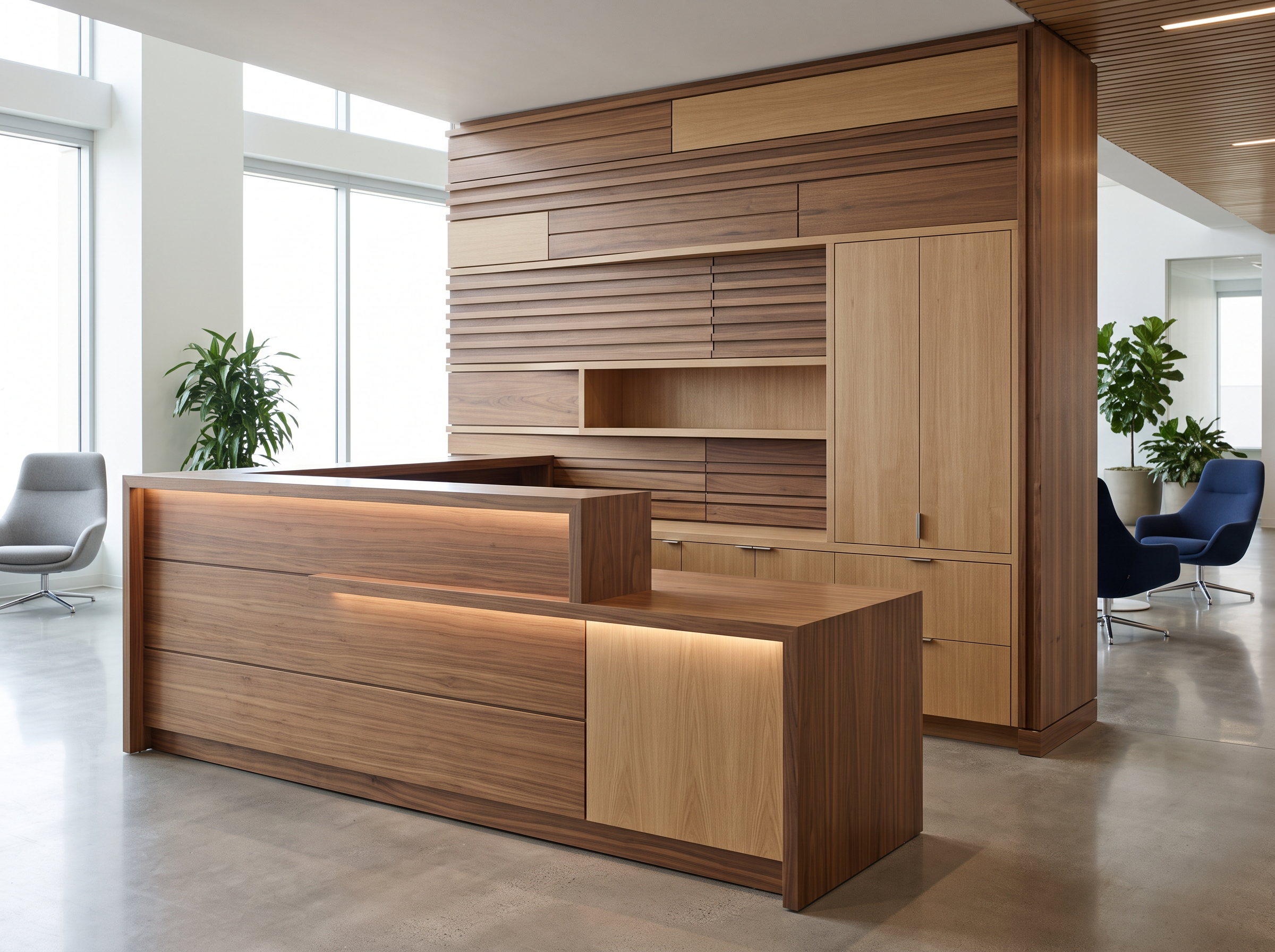 Illustration of installed commercial millwork with a wood reception counter, built-in cabinetry and architectural wall panels