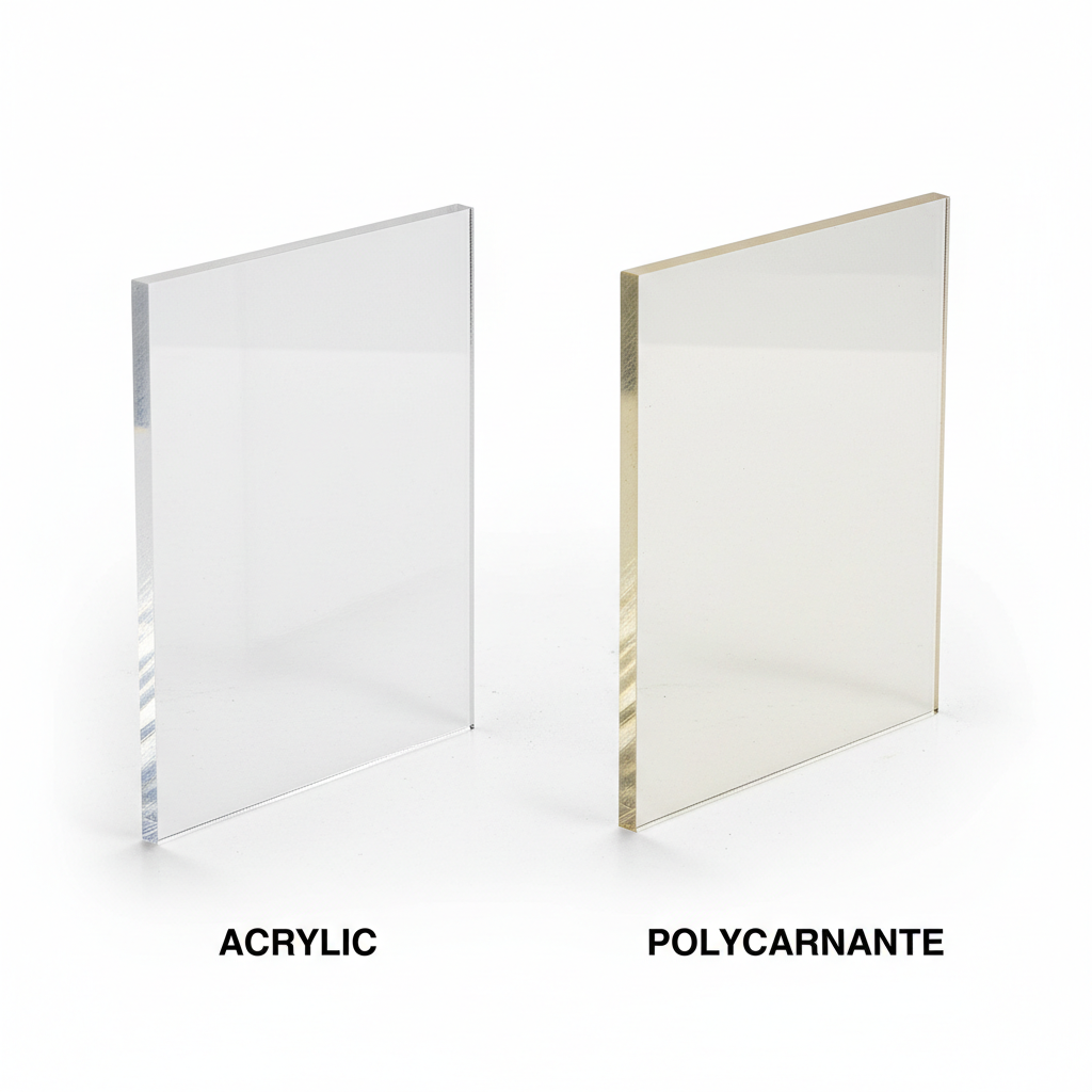 Clear acrylic and polycarbonate plastic sheets showing optical clarity differences for CNC cutting applications