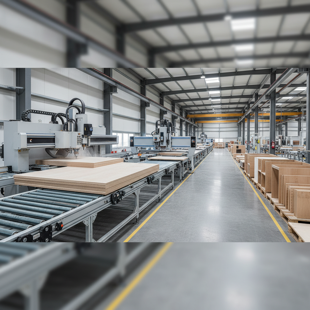 Modern woodworking shop floor with CNC beam saw and dust collection system