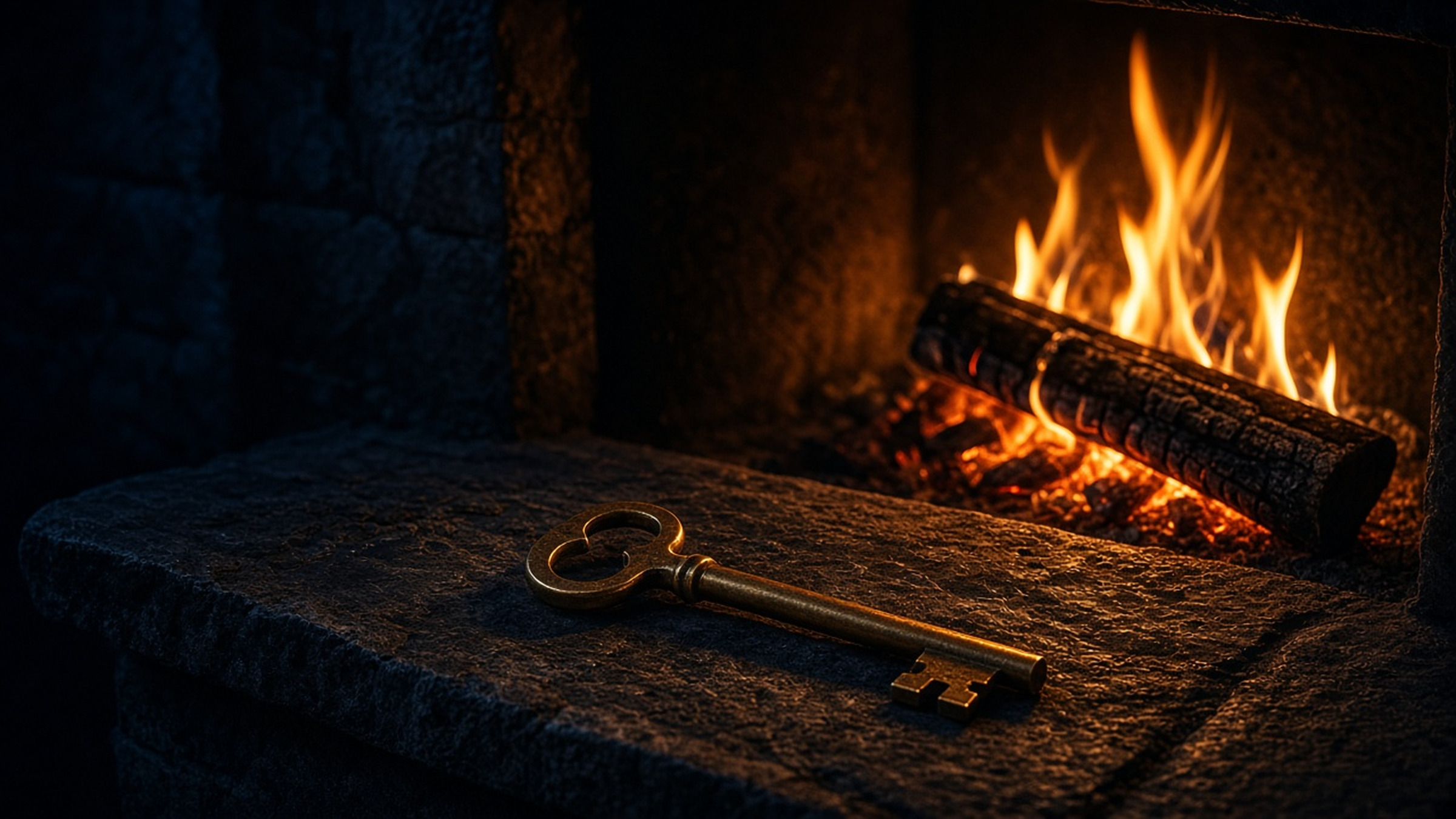 A stone hearth with a warm fire and an old key on the mantel