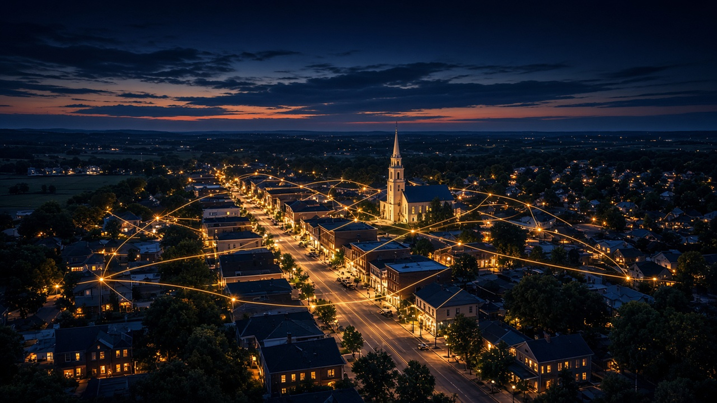 A small town in a valley linked by glowing gold network lines to distant cities