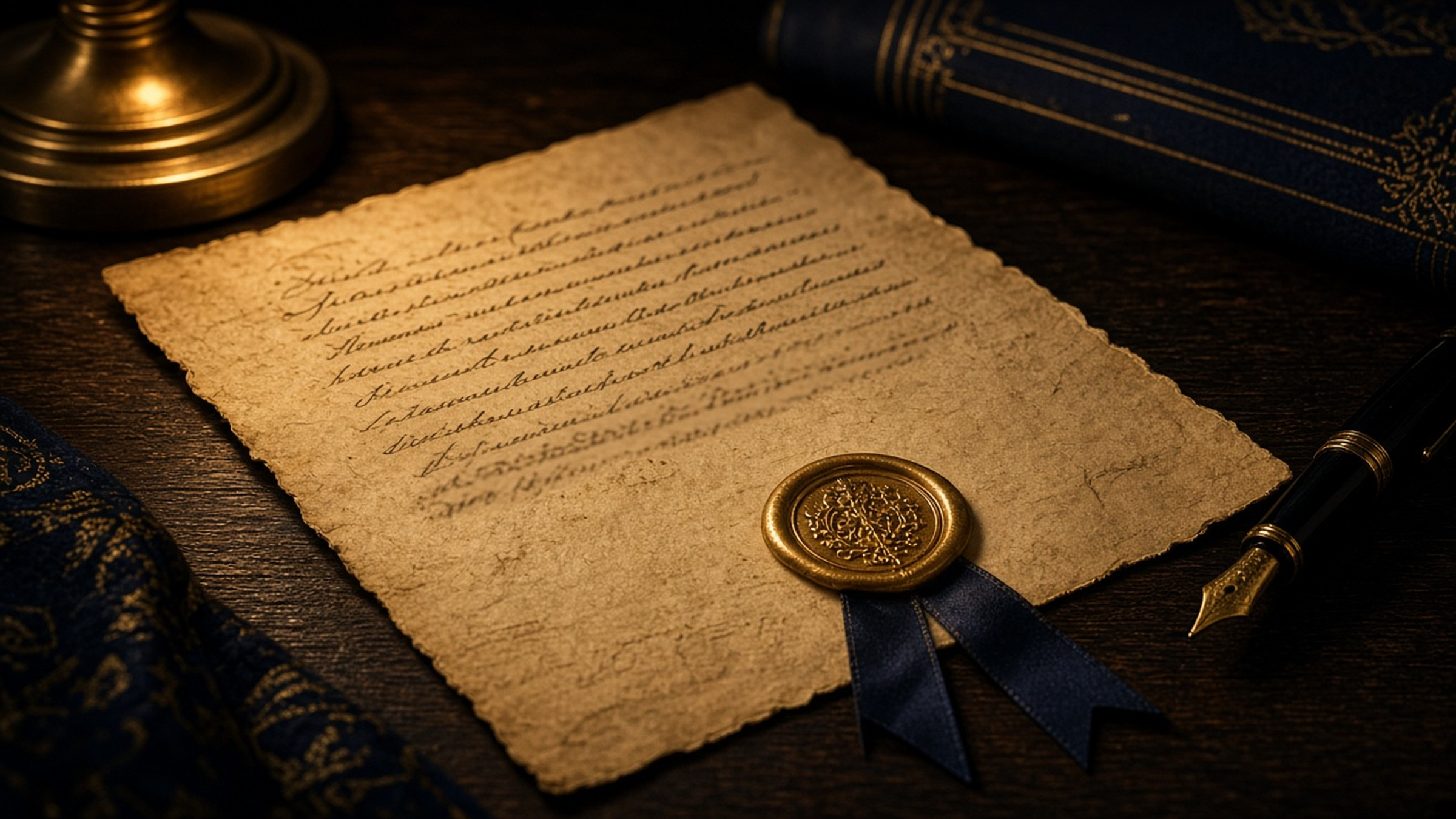 A parchment charter with a gold seal and a fountain pen