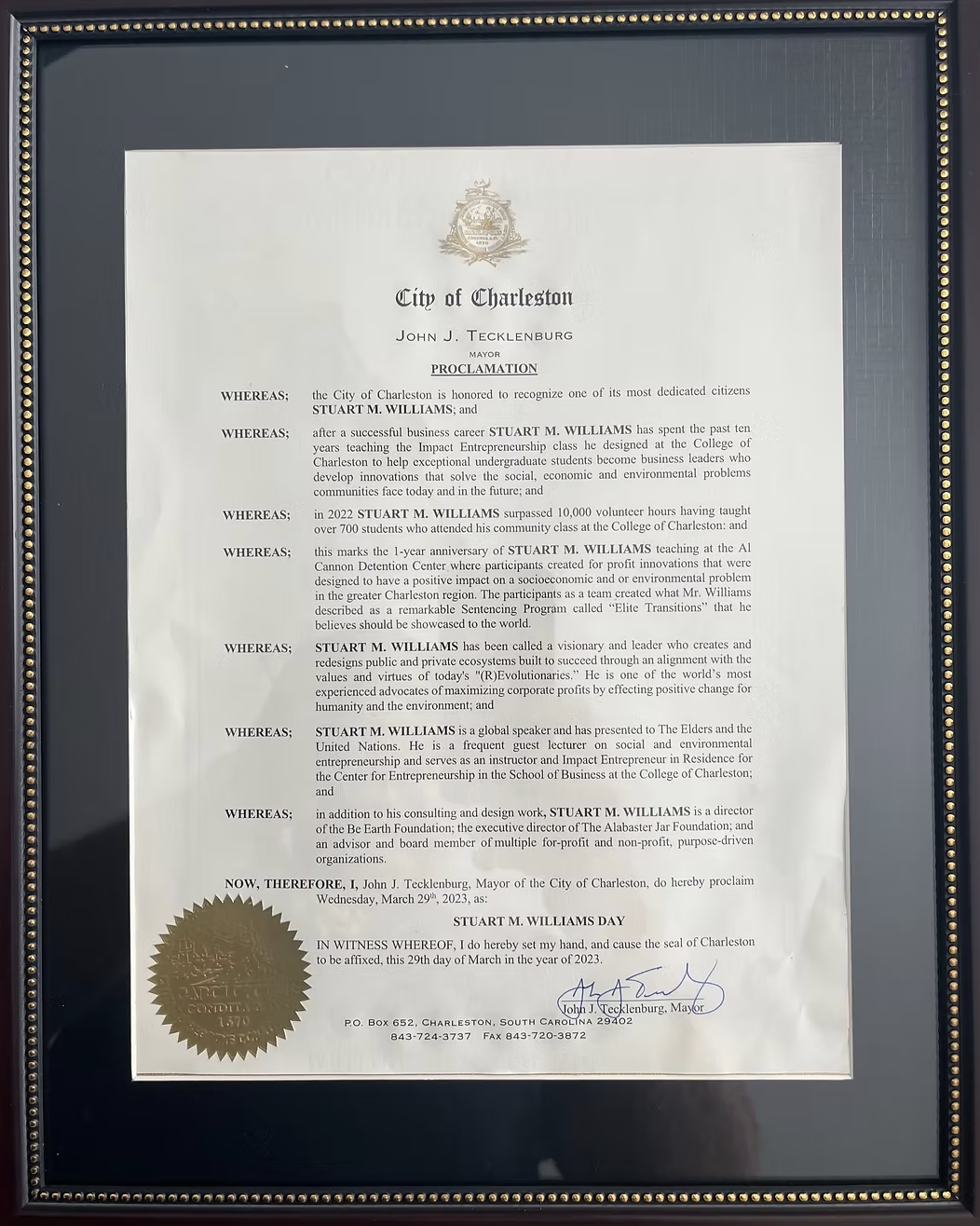 City of Charleston Proclamation — Stuart M. Williams Day, March 29, 2023