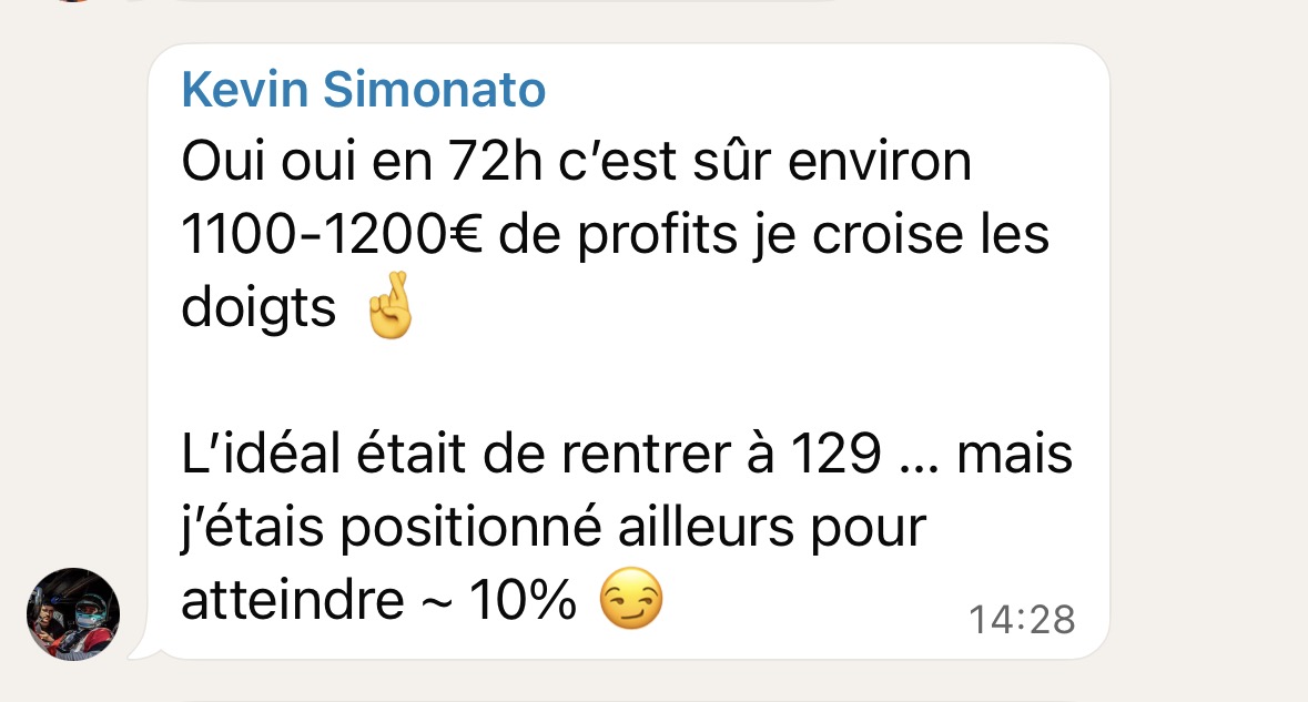 Kevin — "~1200€ de profits en 72h, ~10% sur Hut8" 😏