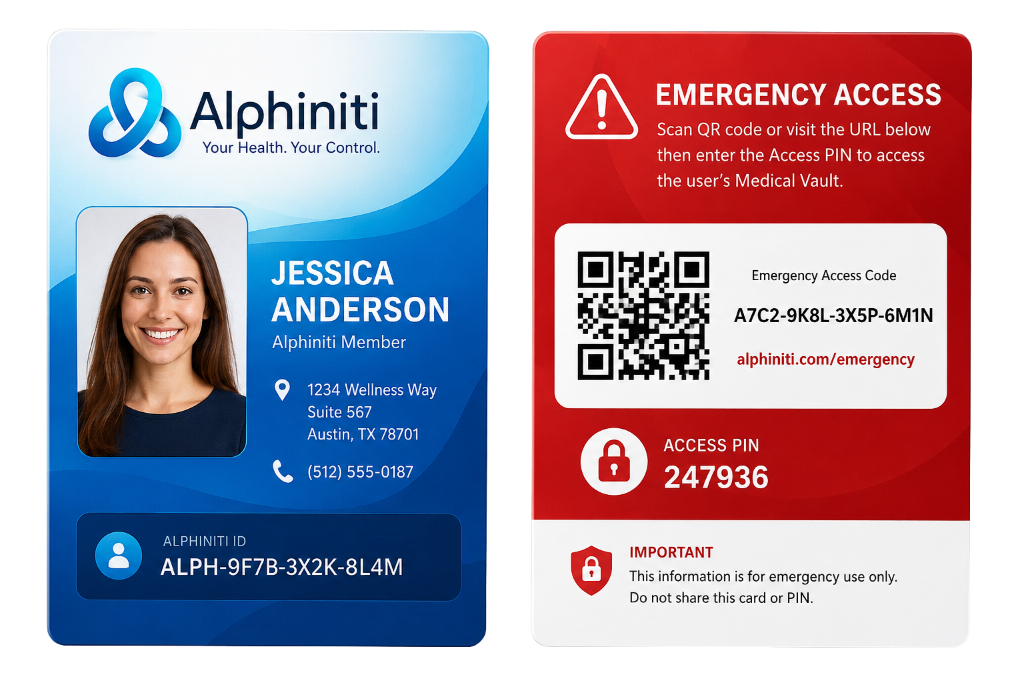 Alphiniti Emergency Access ID Card — Front and Back