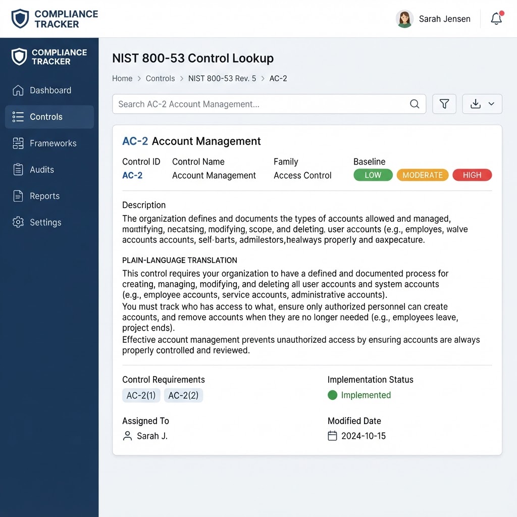 CoAssessor control lookup interface showing NIST 800-53 AC-2 with plain-language translation