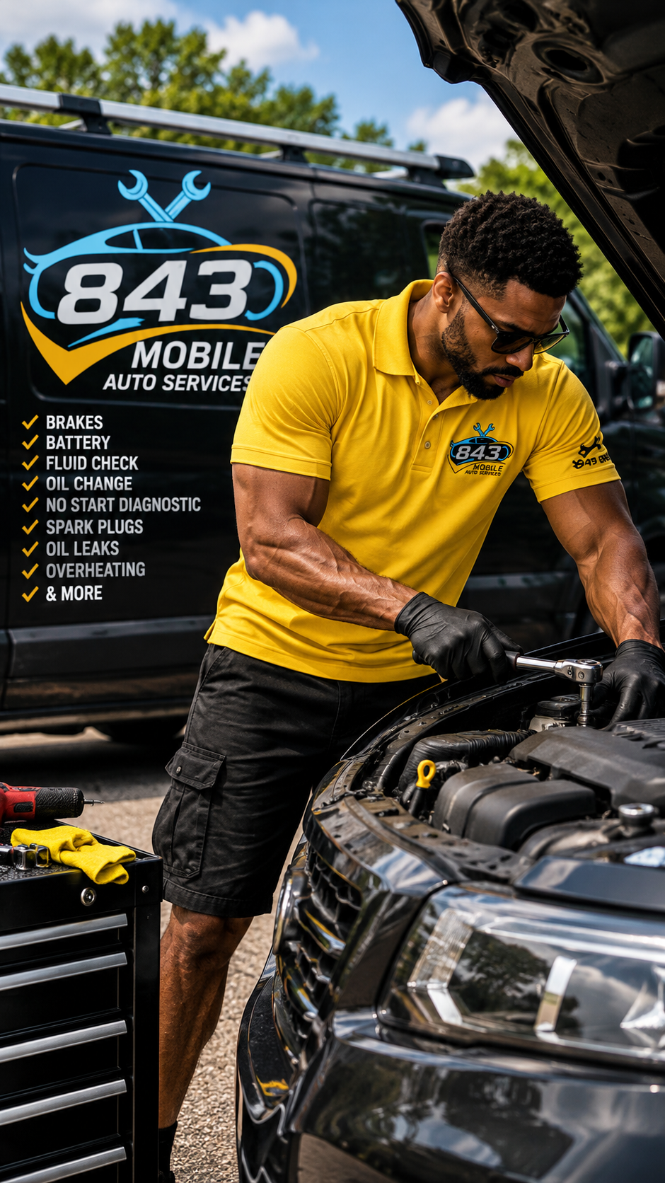 843 Mobile Auto Services mechanic working on a vehicle