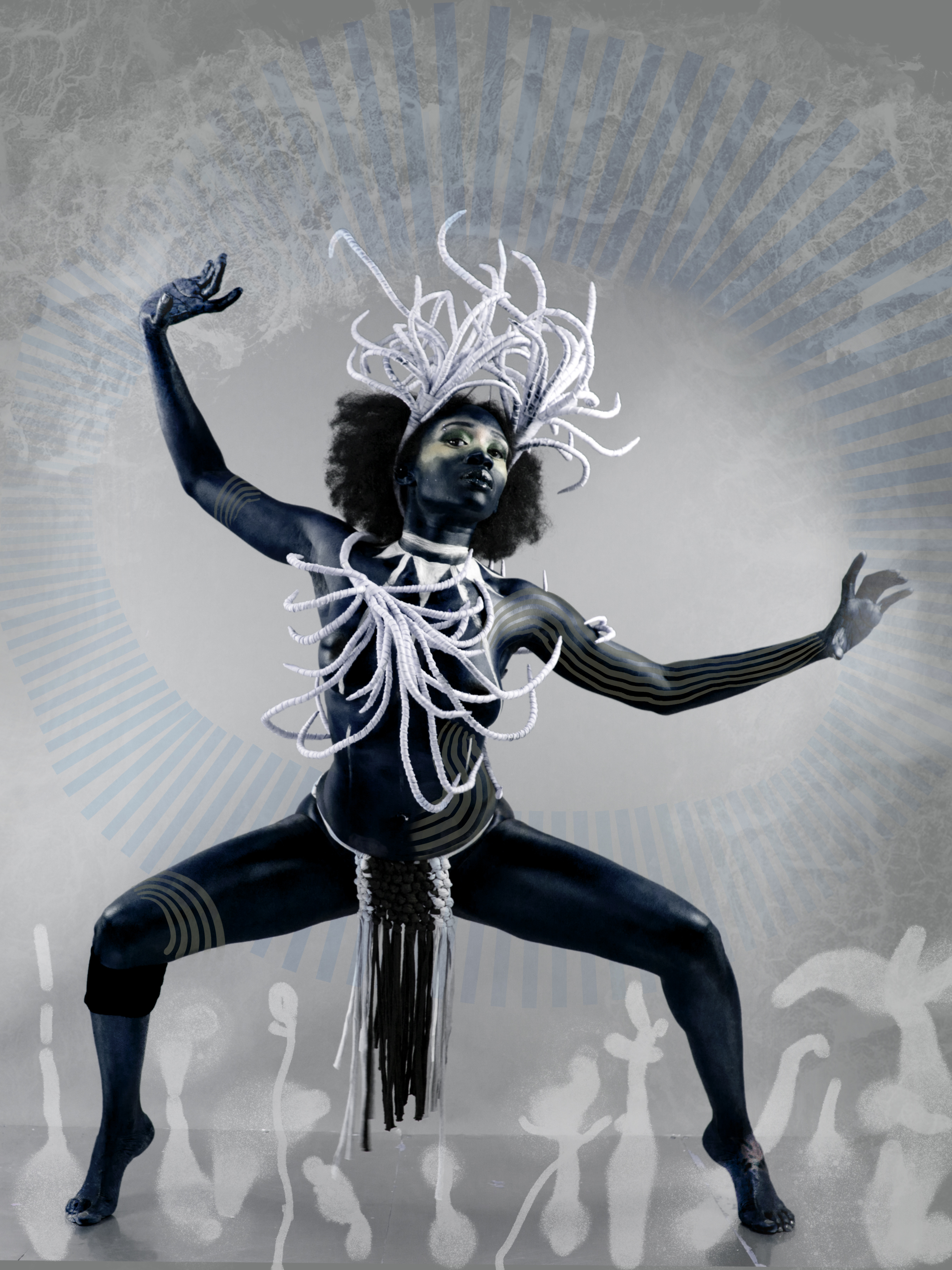 Dee Dee by Maurice Evans and Grace Kisa — a warrior woman with natural afro and white tendril crown, arms raised