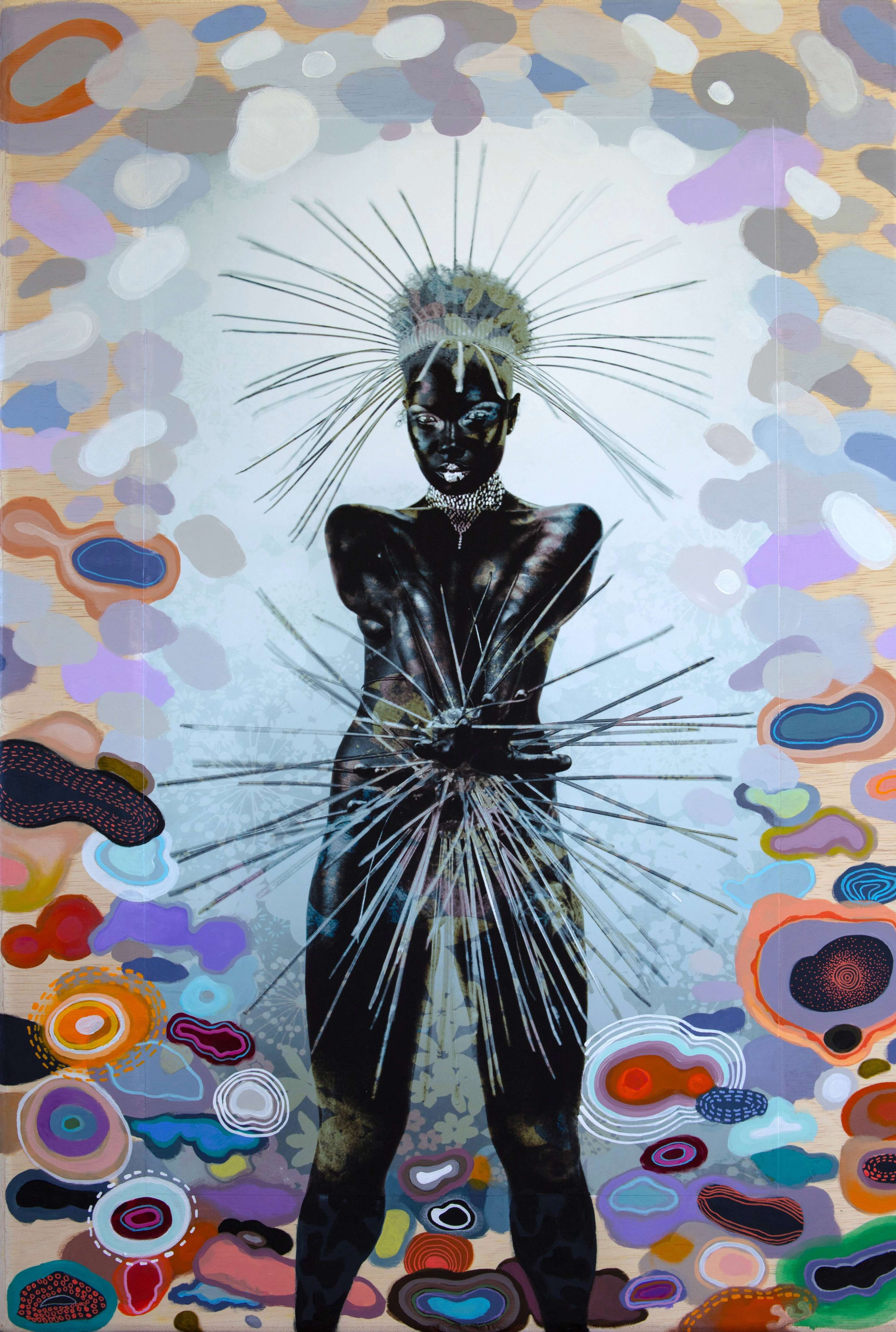 Elektromagnetizmah by Maurice Evans and Grace Kisa — a woman in an Afrofuturist warrior pose with radiating crown