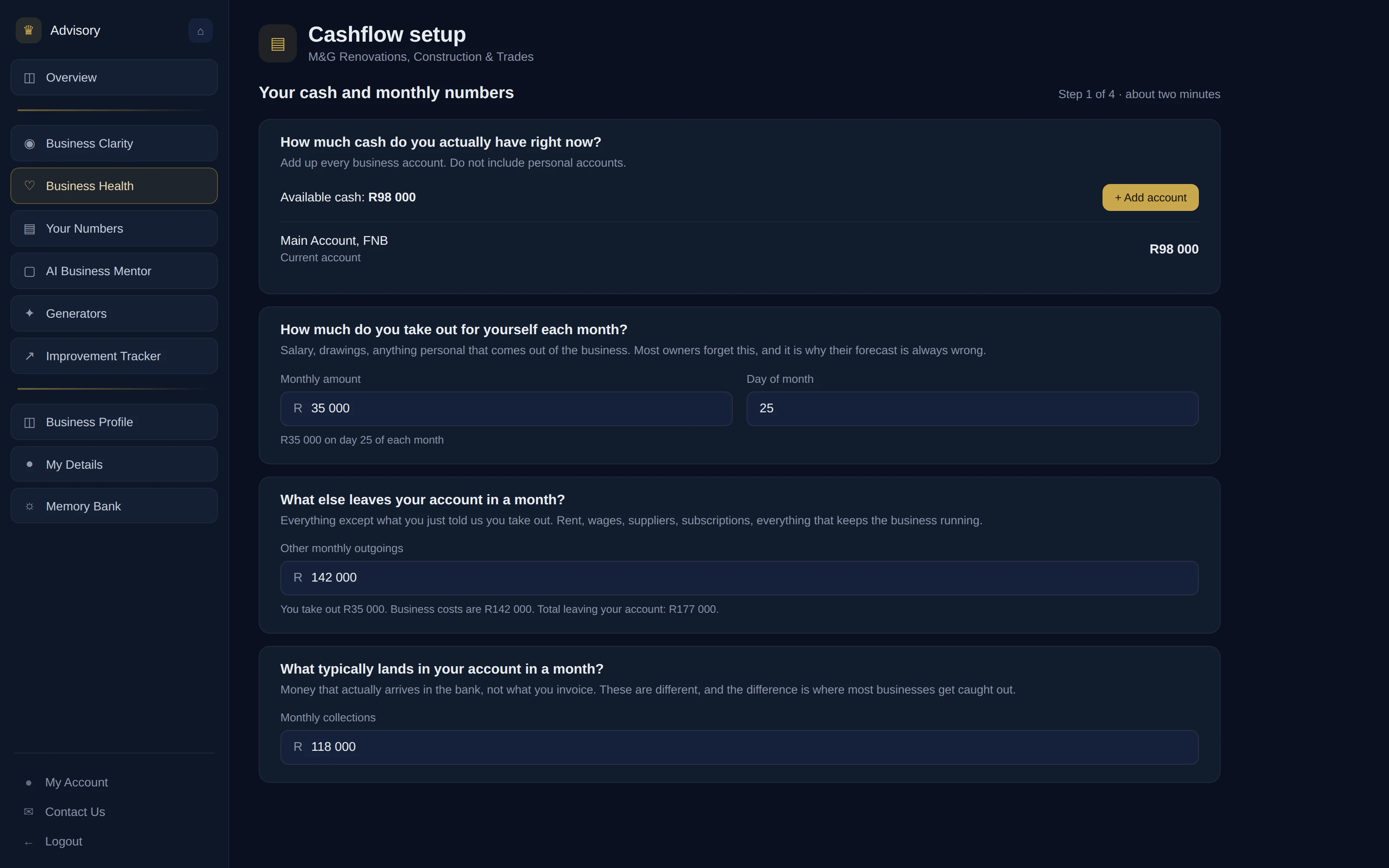 The cashflow setup screen showing four questions about cash, drawings, monthly outgoings and collections