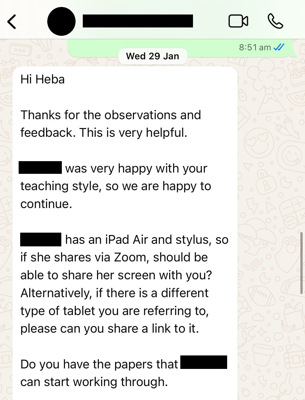 Parent happy with teaching style