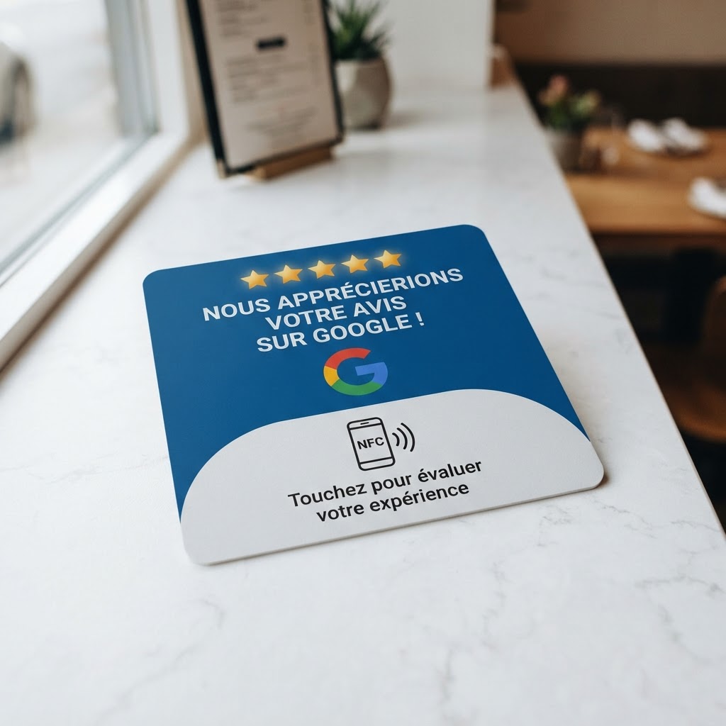 Carte avis Google posée sur comptoir