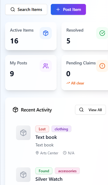 CampusClaim mobile view with item stats and recent activity