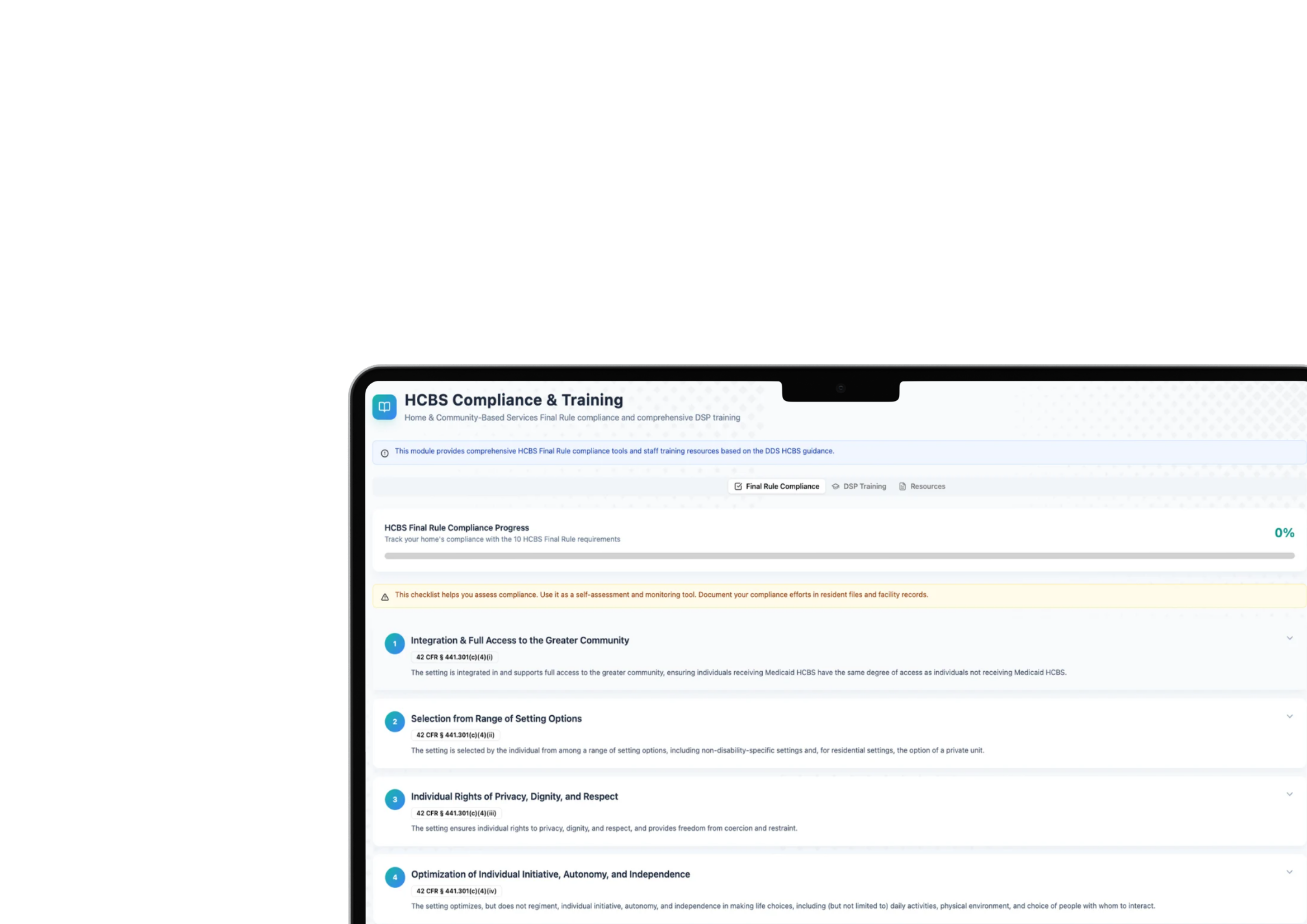 COALA HCBS Compliance and Training Center built into the platform