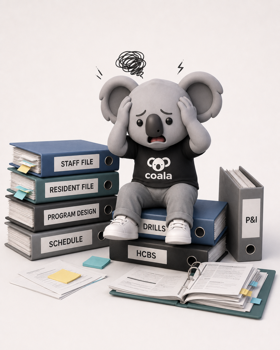 Care home administrator overwhelmed by compliance binders and paperwork
