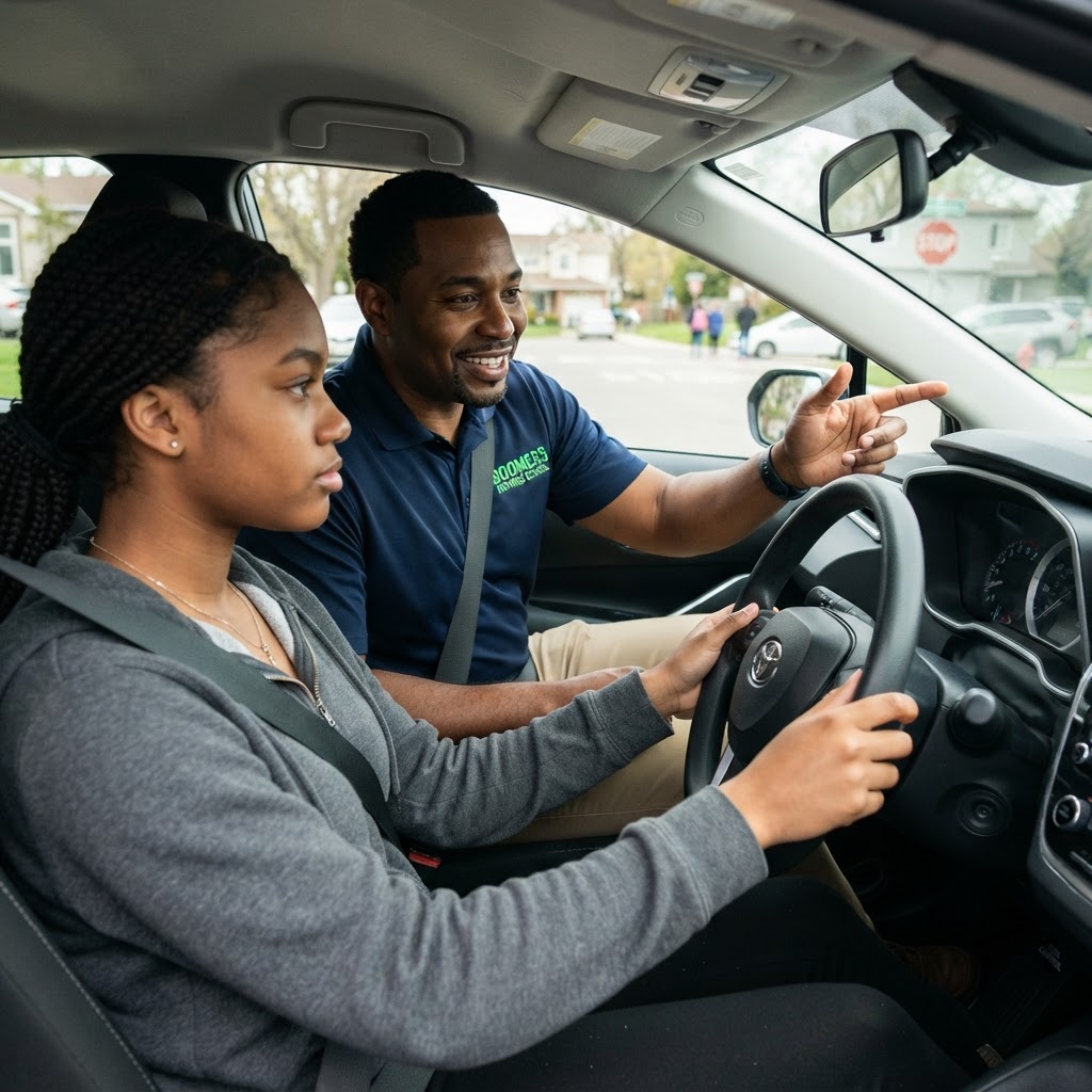 Driving instructor guiding a student driver inside a car