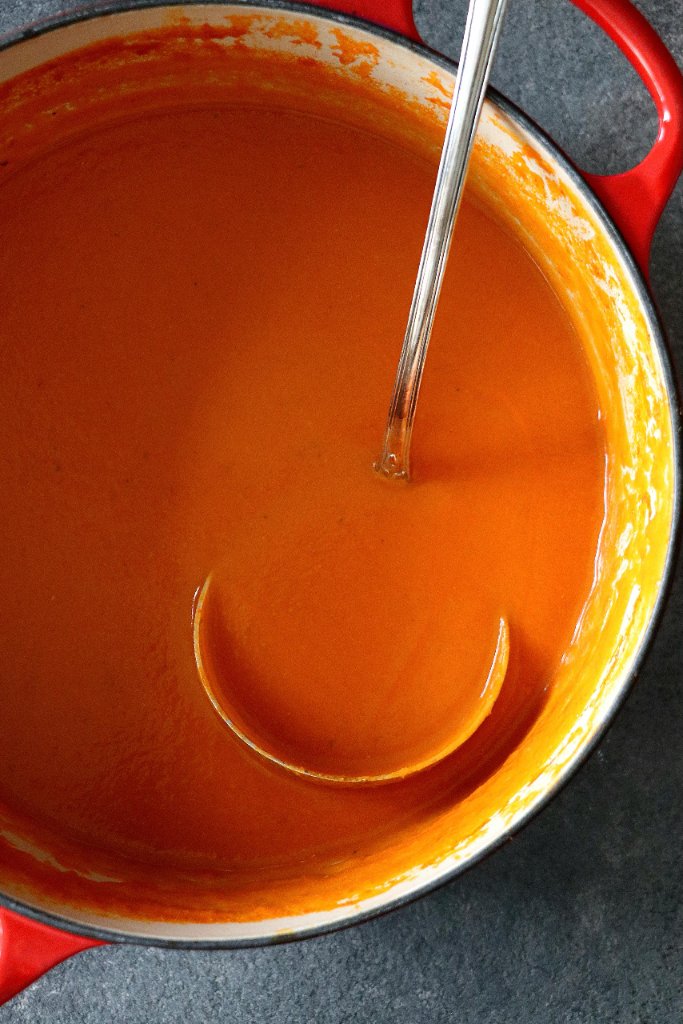 Red pot with soup