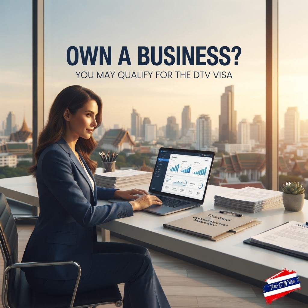 Thailand DTV Visa for Business Owners Business owner working remotely while preparing documents for a Thailand DTV Visa application.
