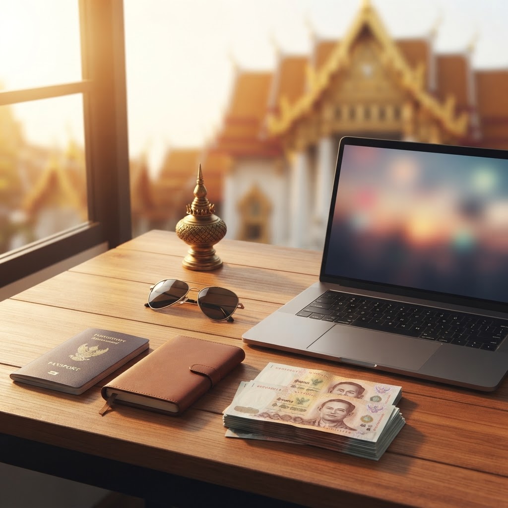 Thailand visa changes 2026: comparing DTV, METV, TR and ED visa options Passport, travel documents and laptop on a desk in Thailand, comparing DTV, METV, TR and ED visa options