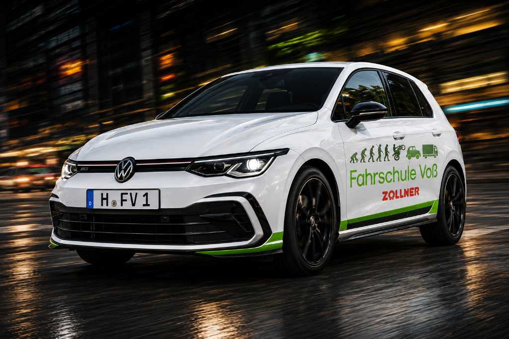 Fahrschul-Auto der Ferienfahrschule Zöllner mit FAHR FAIR 100 Branding