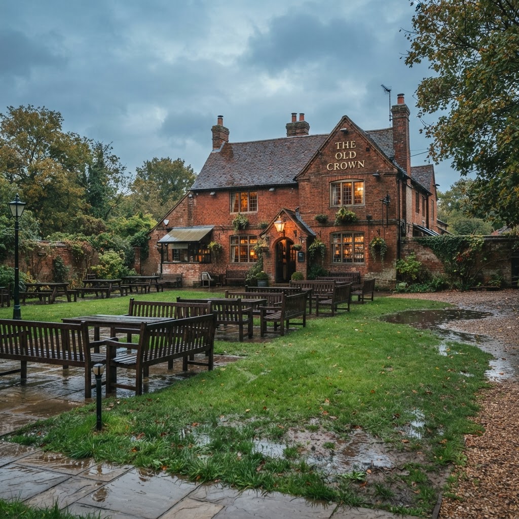A traditional British pub with a large beer garden where rainwater drains naturally into the lawn