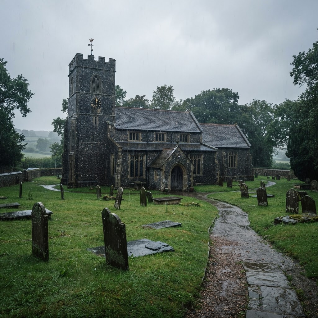 Rain soaking naturally into a green churchyard, illustrating sites that may not need surface water drainage charges