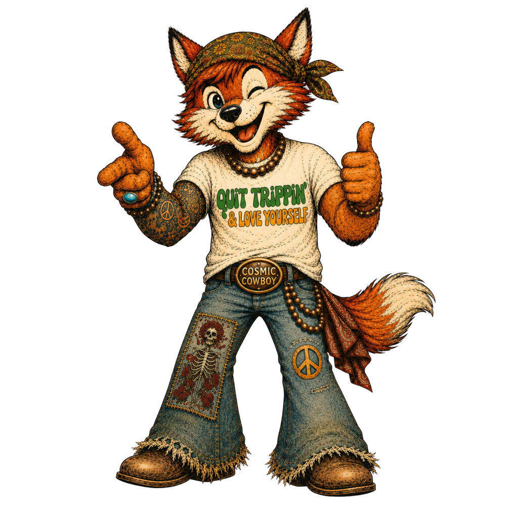 Quit Trippin' Cosmic Cowboy fox mascot pointing at you