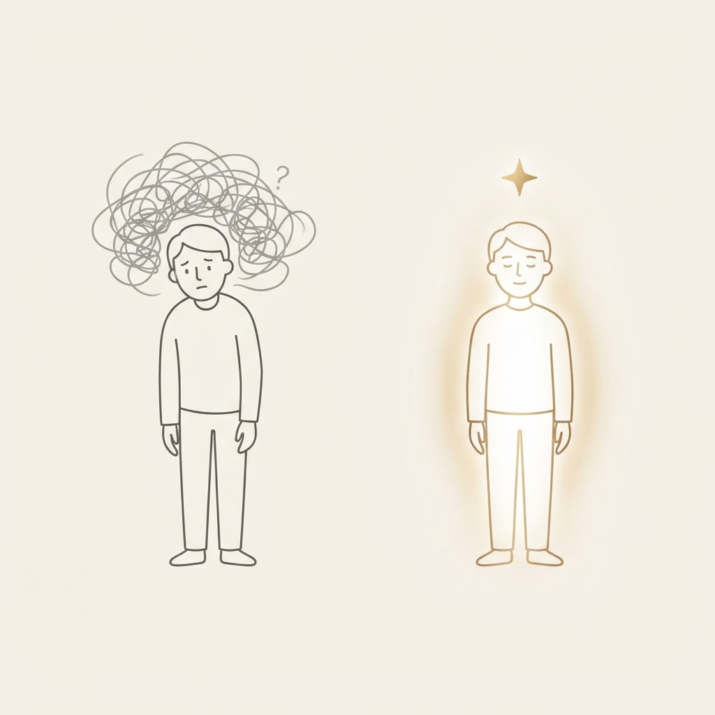 A simple before-and-after illustration: life before Clarity Compass feels tangled and unclear, and life after feels calm and aligned.
