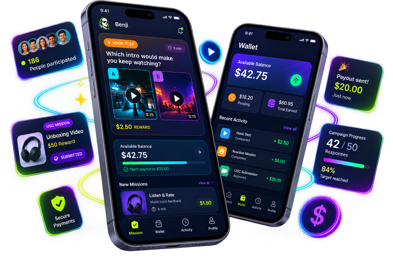 Benji app showing missions and wallet dashboards on iPhone