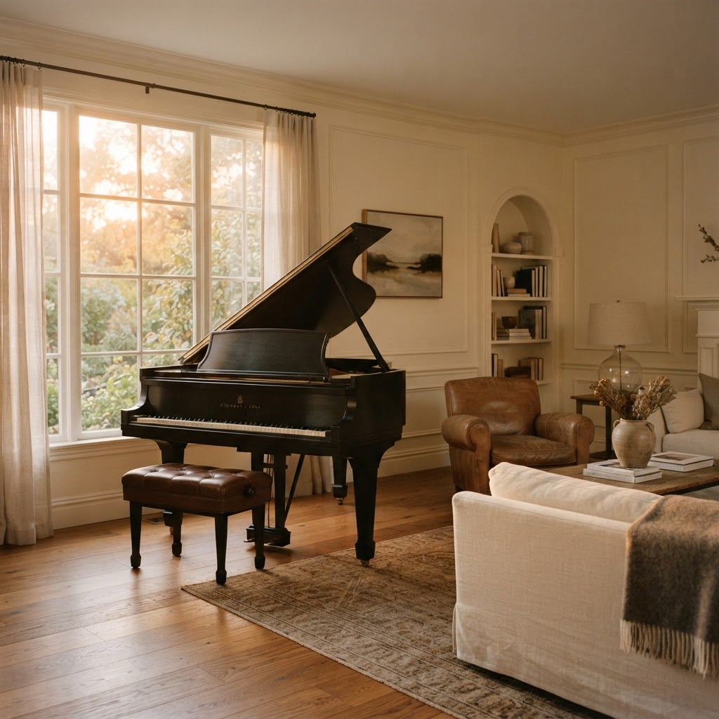 A softly lit living room with a grand piano