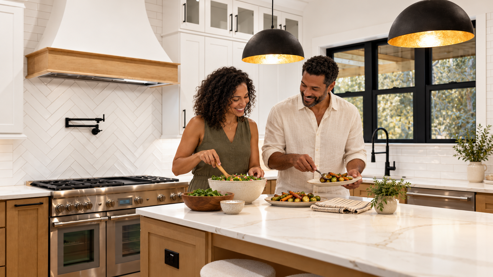 Two parents and their adult children sharing a quiet, candid moment around a sunlit marble kitchen island