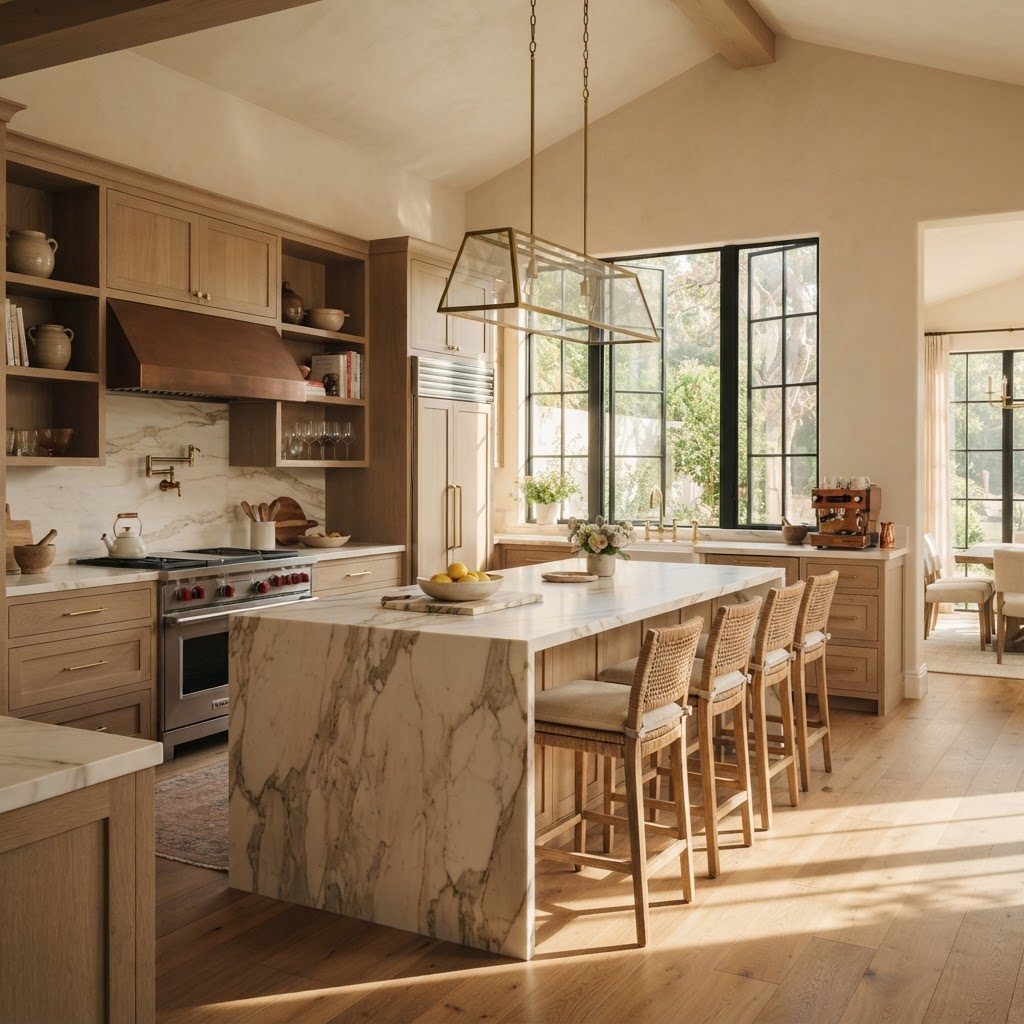 Sunlit luxury kitchen with oak cabinetry and marble island
