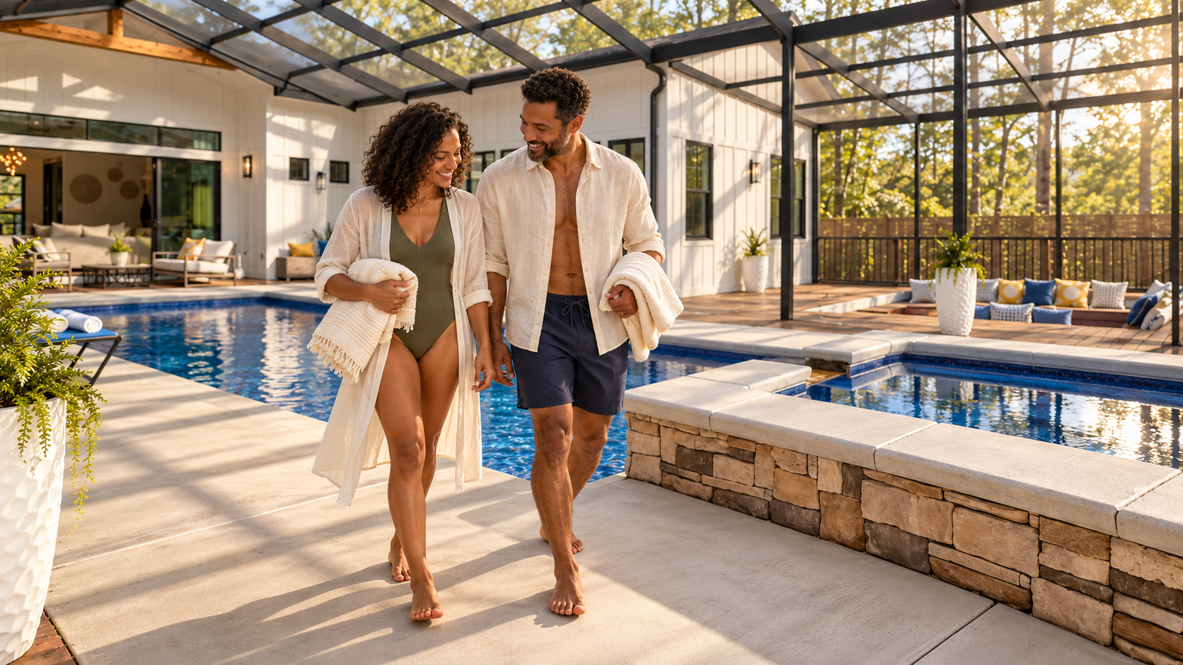 An African American couple enjoying a luxury pool at a high-end home