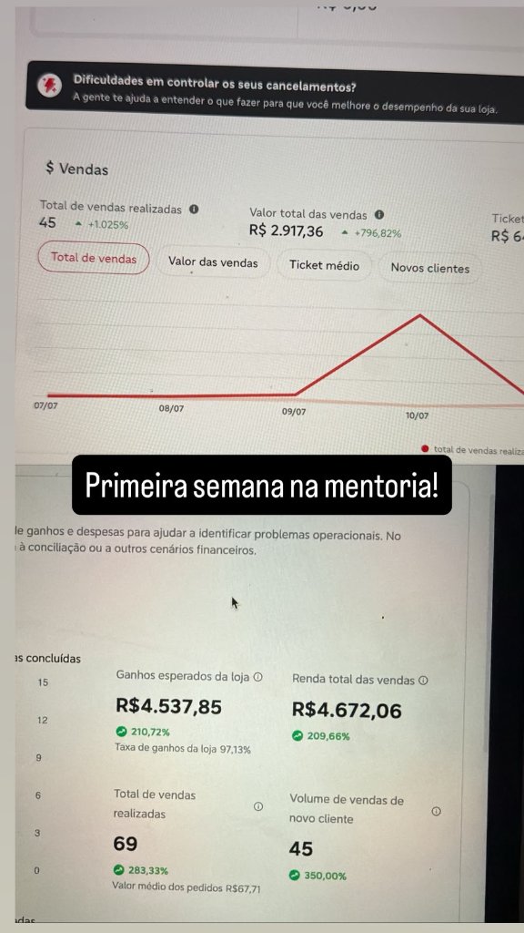 Primeira semana de mentoria: +1.025% em vendas realizadas