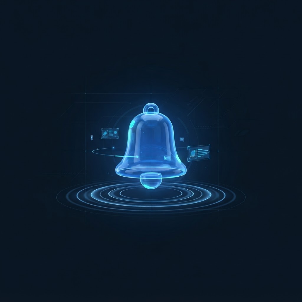 Illustrative graphic of a notification bell with message cards
