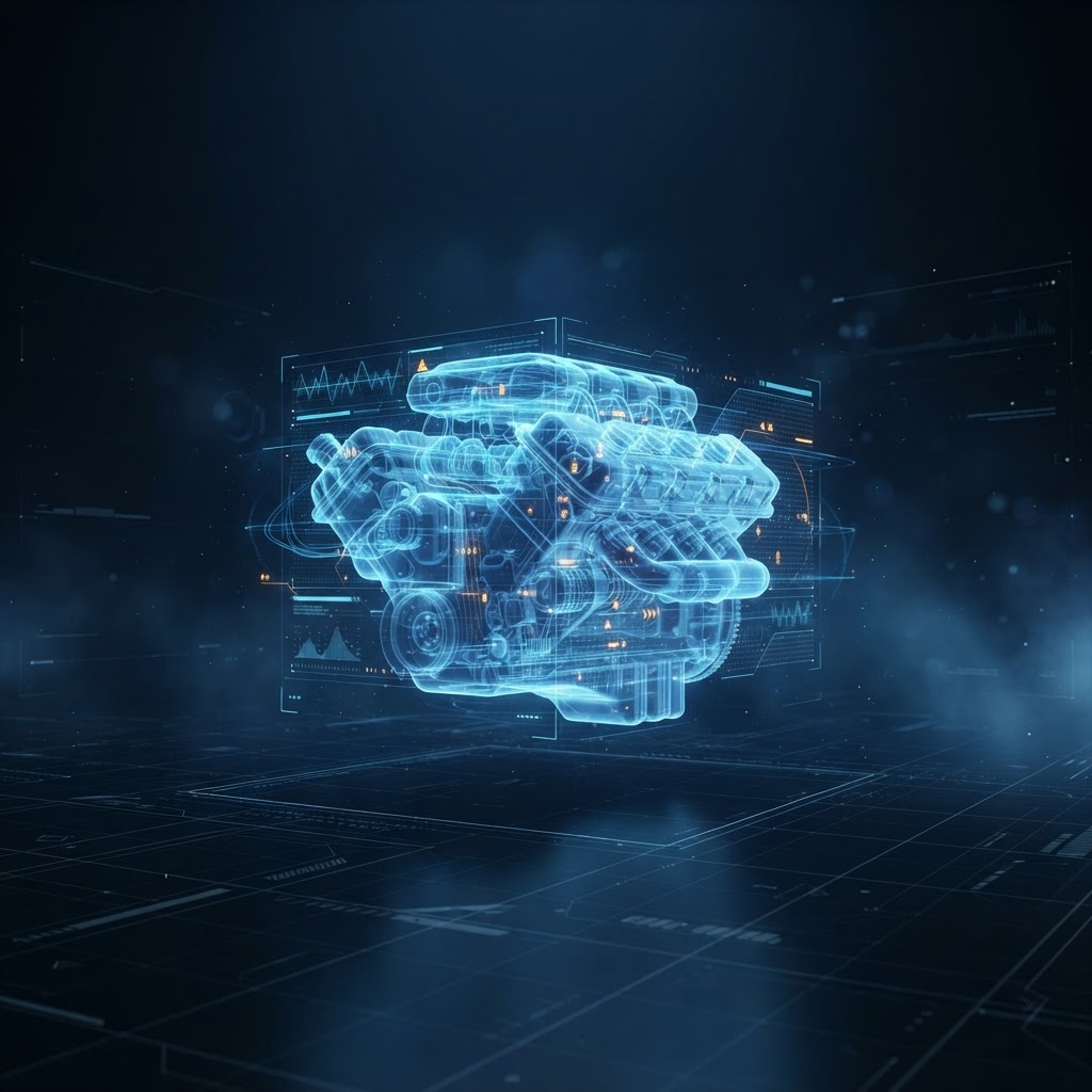 Illustrative graphic of an engine block under diagnostic scan