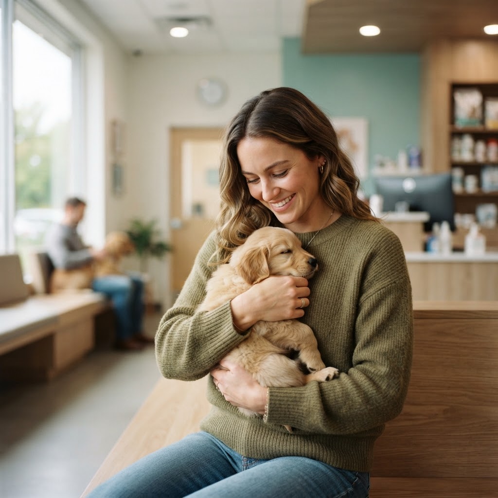Person holding a golden retriever puppy at a veterinary clinic