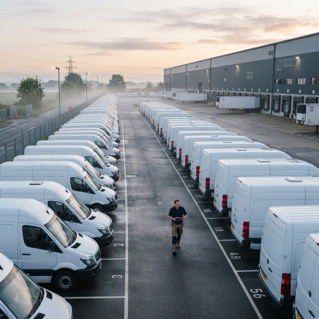 Rows of white cargo vans in a commercial fleet yard at dawn
