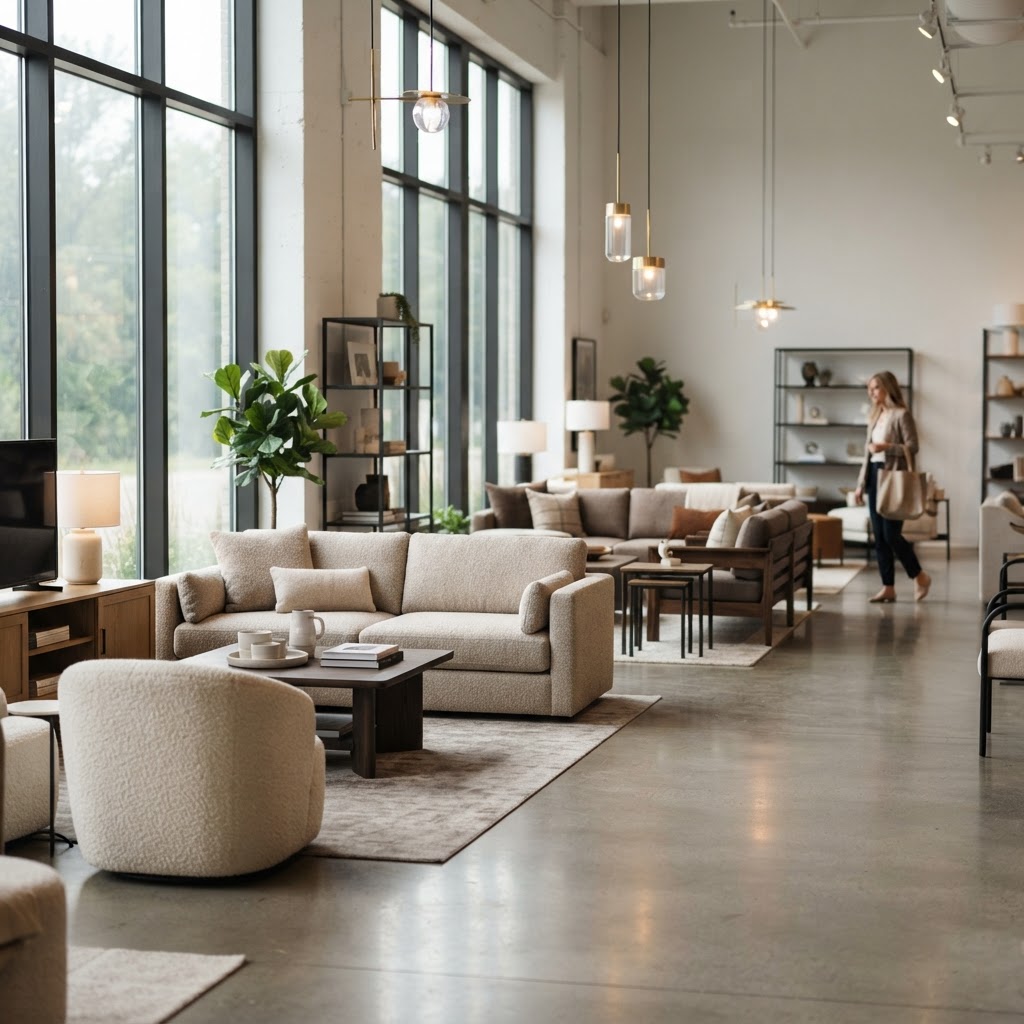 Sofa and armchair displays inside a modern furniture showroom