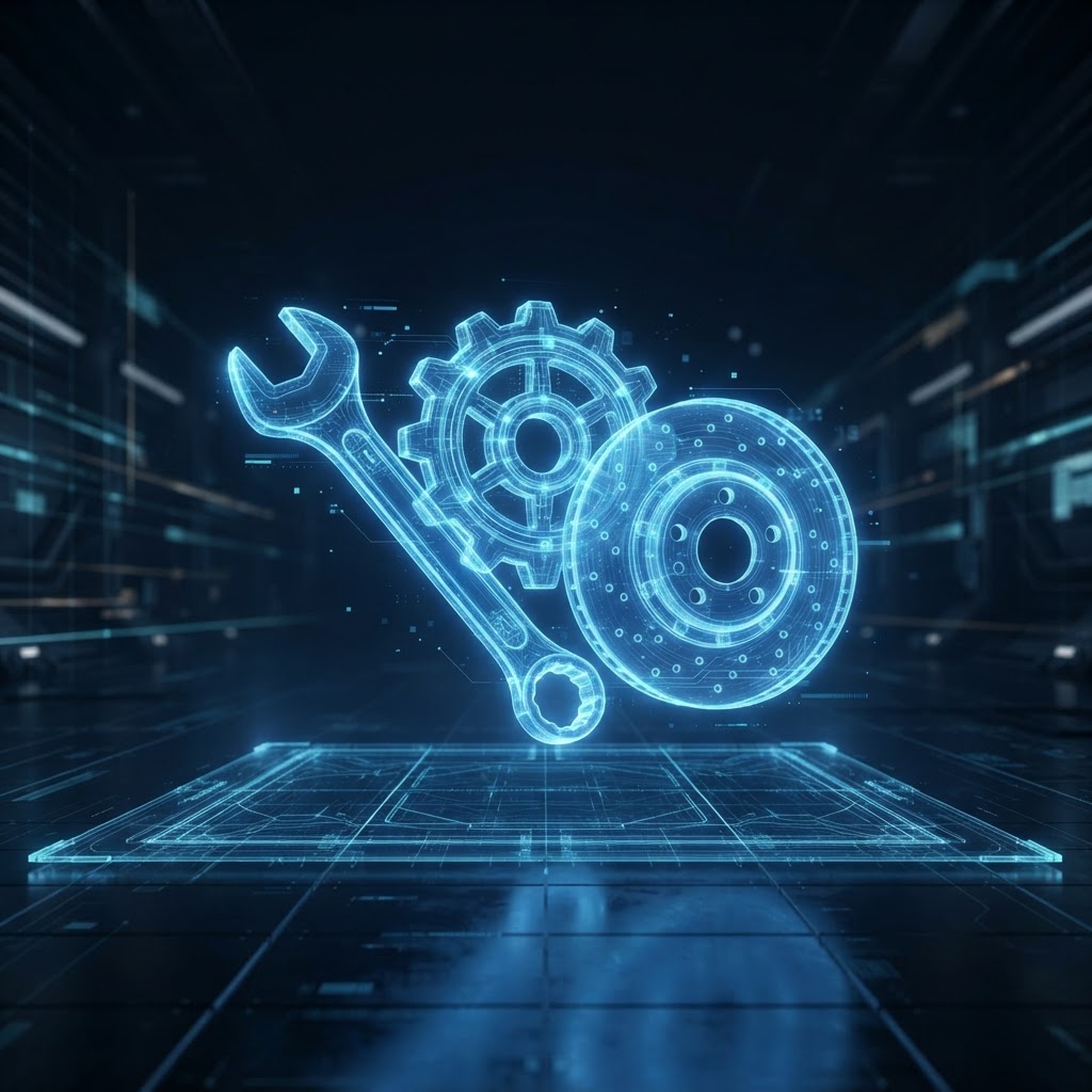 Illustrative graphic of a wrench, gear and brake disc hologram