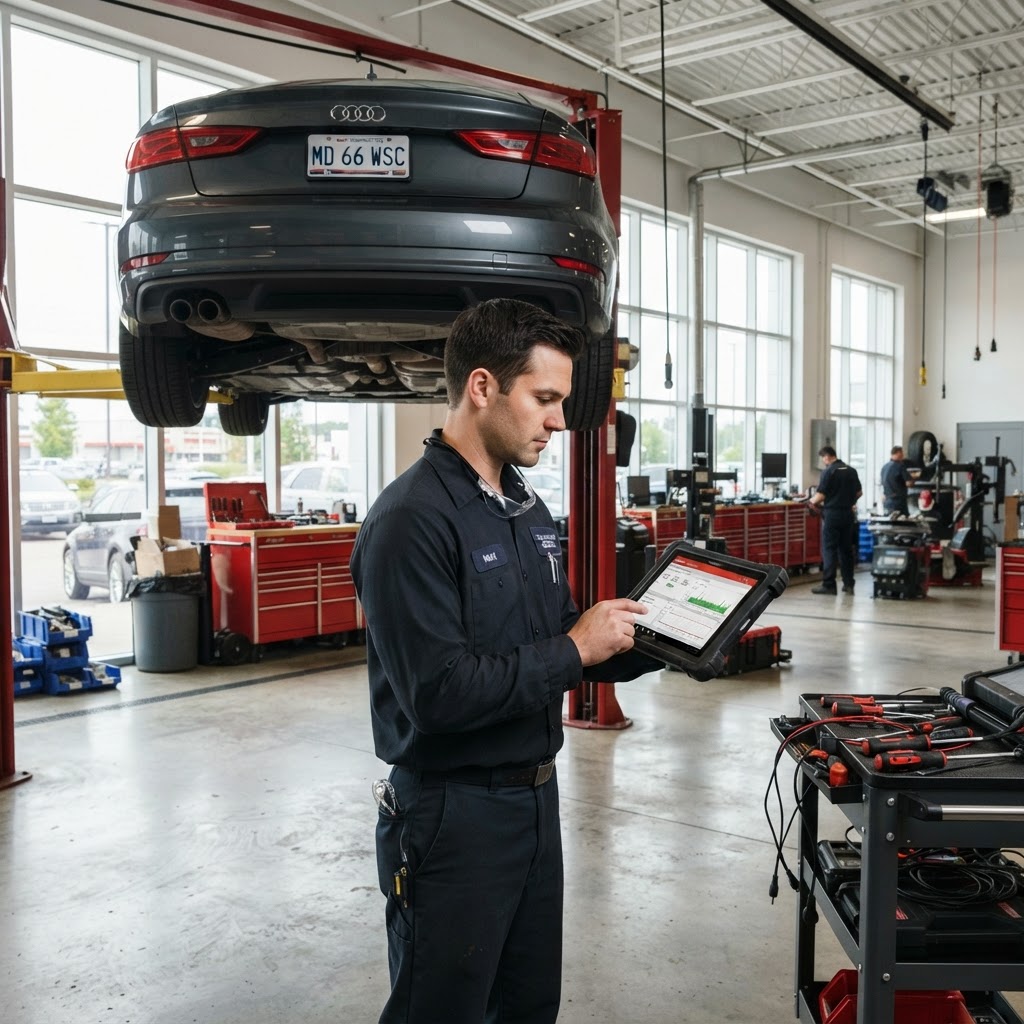 Technician with a diagnostic tablet beside a car on a lift in a service bay