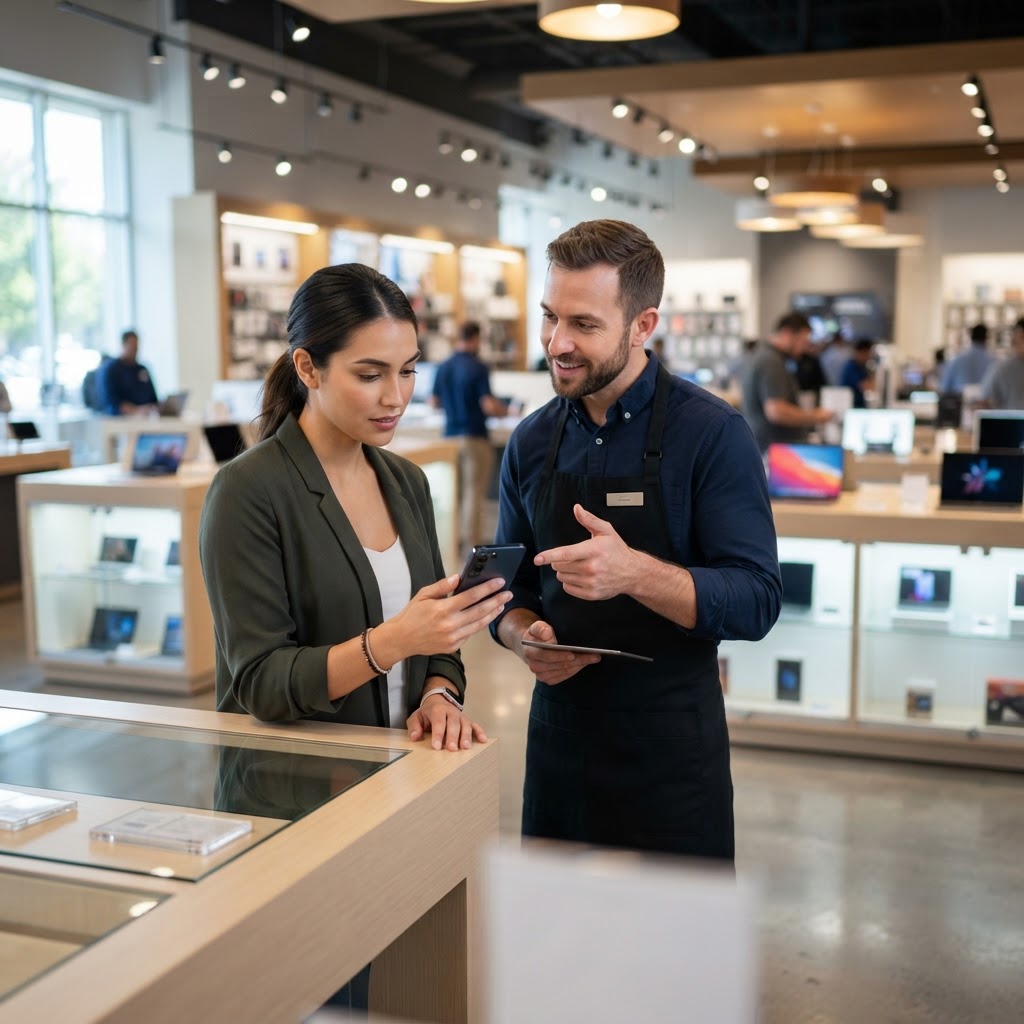 Customer and salesperson looking at a smartphone in an electronics store